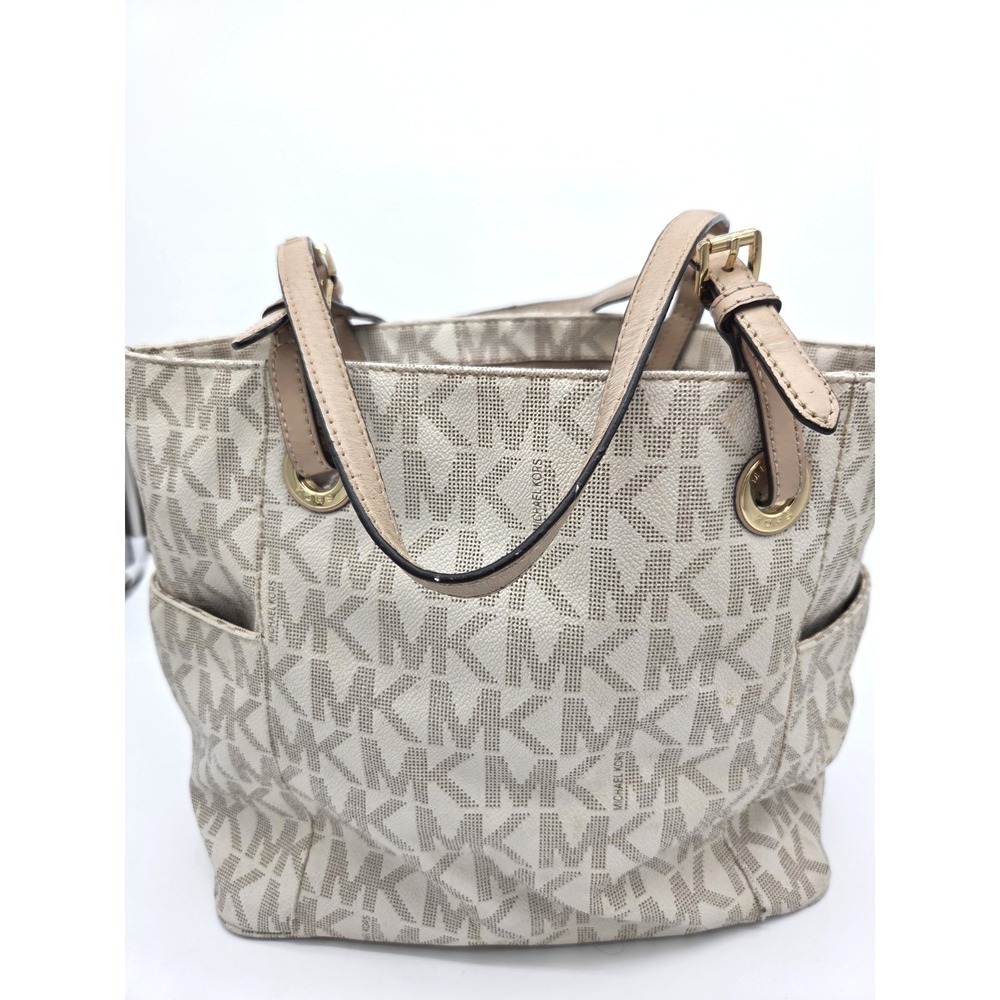 Michael Kors Jet Set Ivory Brown Crossgrain Leather MK Tote Shoulder Bag - Picture 4 of 12